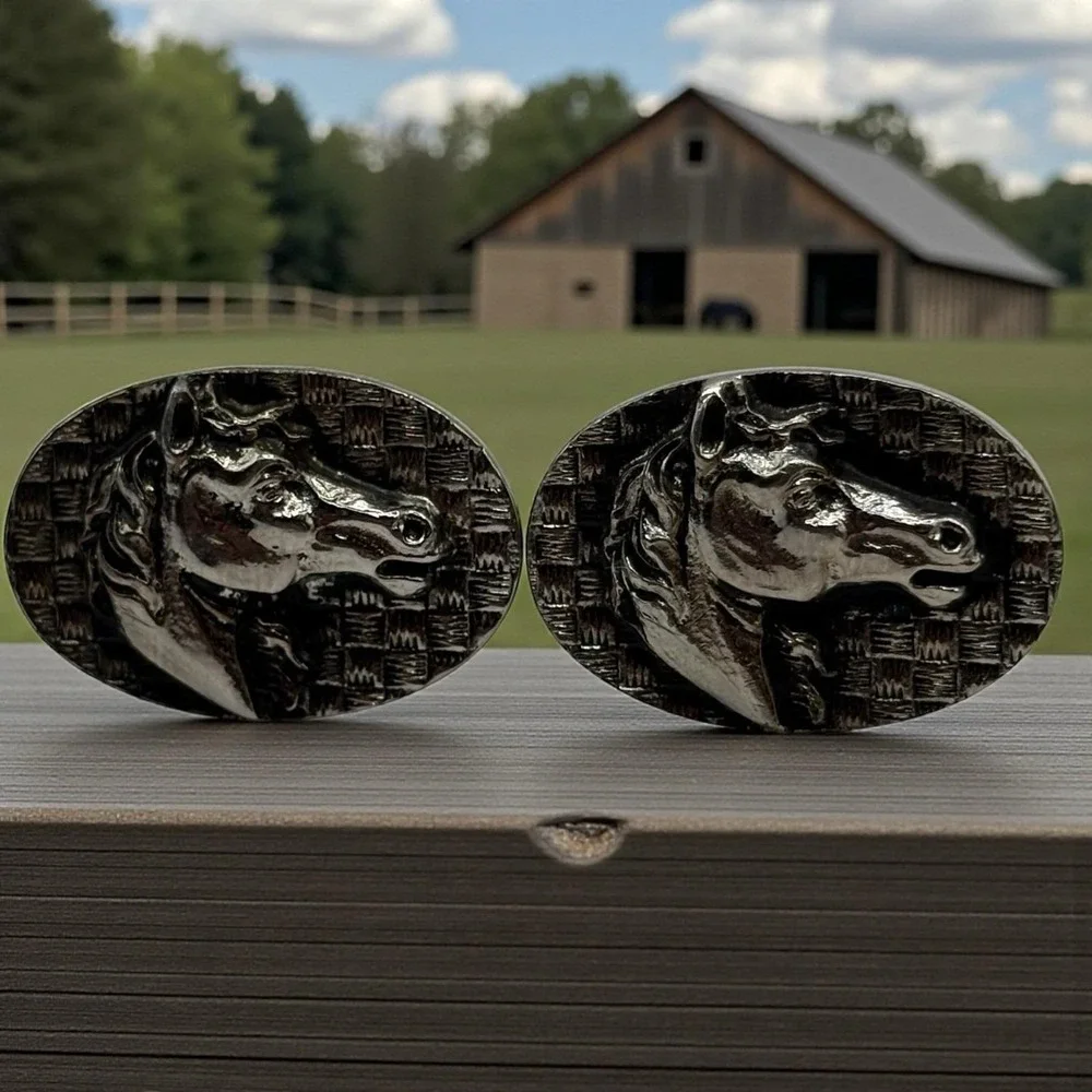 Horse‎ Mustang Cufflinks Vintage Silver Tone Oval Bullet Back Textured Stallion